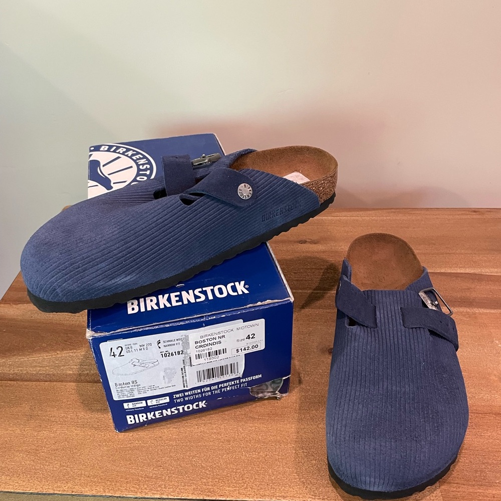 NWT Birkenstock Boston Suede Embossed Corduroy Indigo 42 Narrow
